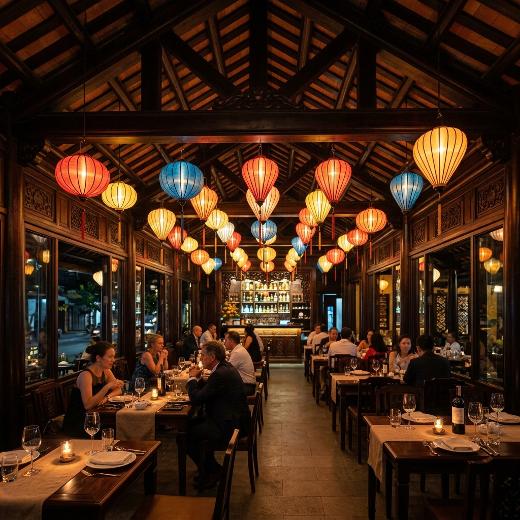 Intimate lighting and glowing hanging lanterns at Mộc Lâm