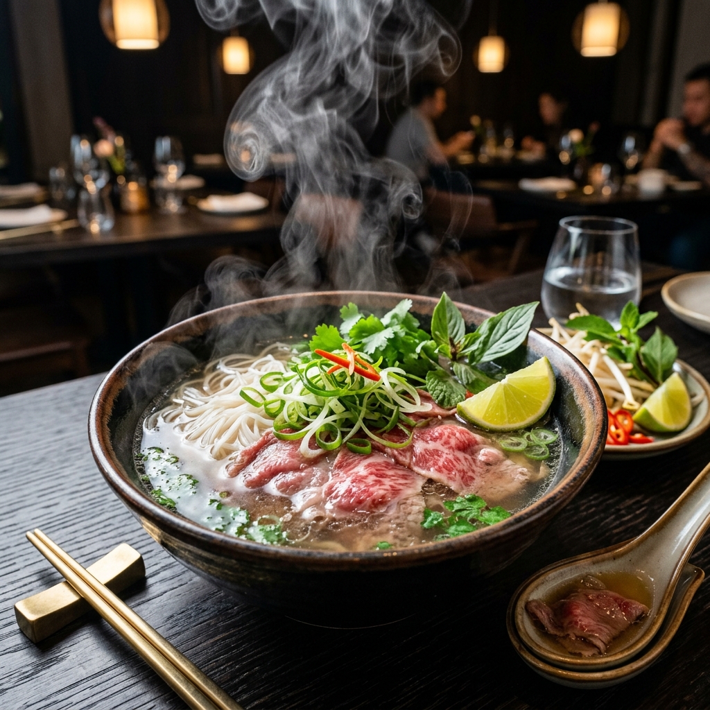 Close-up gourmet plating of Wagyu beef phở at Mộc Lâm