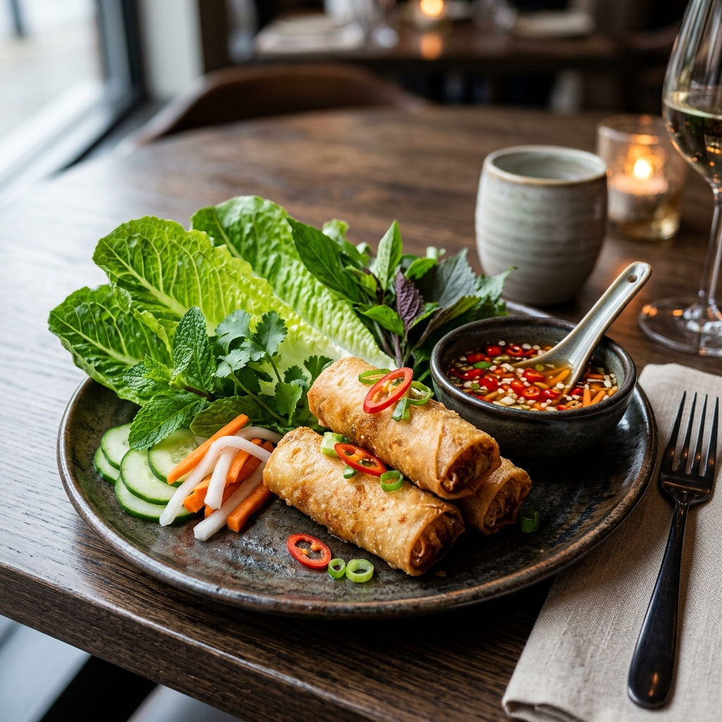 Gourmet plating of crispy golden Imperial Spring Rolls